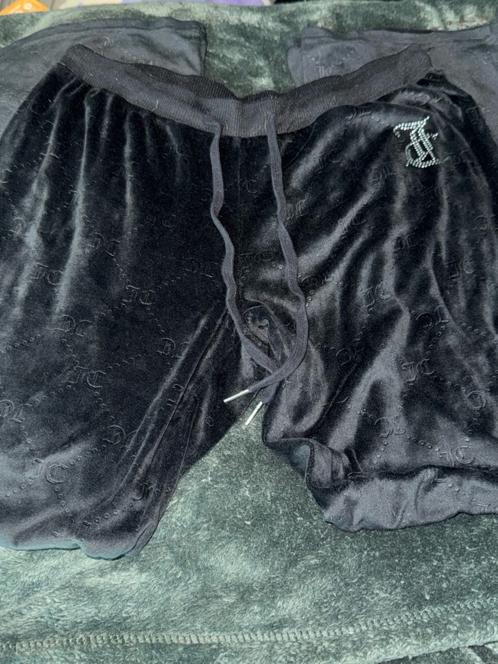 Juicy Couture Black Velour Track Shorts with Rhinestone Logo
